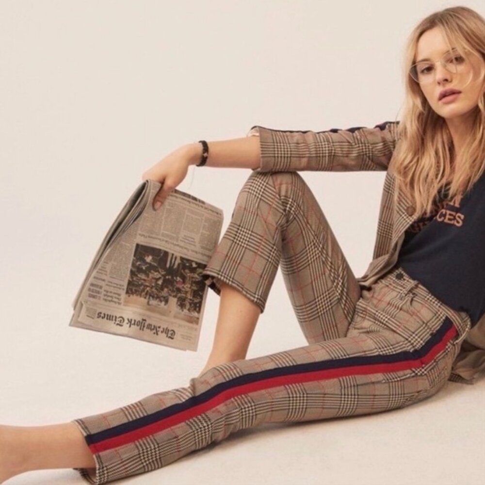 MOTHER Plaid Ankle Jeans with Red and Blue Stripes